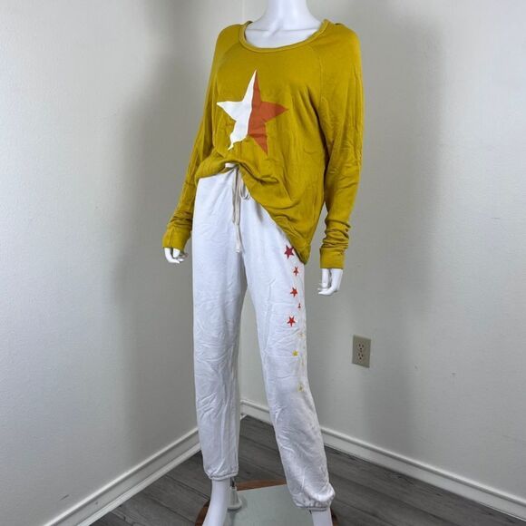 Sundry Women Size M Yellow White Stars Pullon Sweatpant Crew Neck Top Set Lounge - Picture 5 of 15
